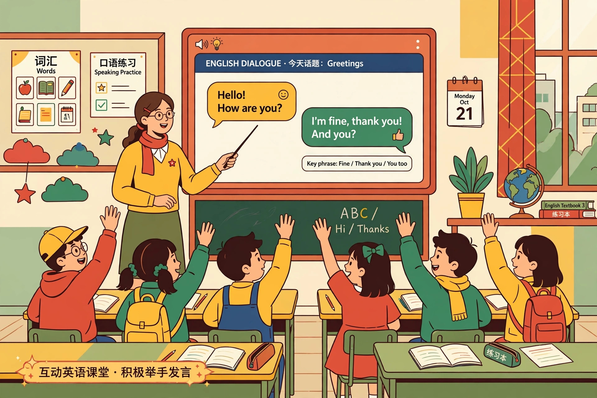 互动英语课堂插画，学生们举手参与对话练习